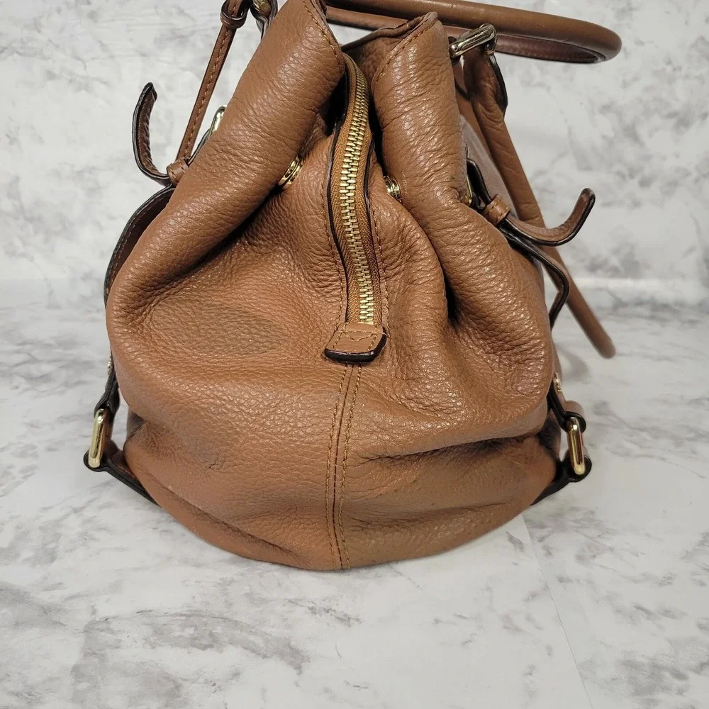 Michael Kors Bedford Luggage Camel Leather Shoulder Bag Tan Gold Designer Purse‎